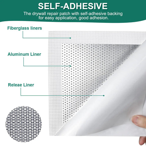 All In One Drywall Patch Kit With Self Adhesive Aluminum Patches For Quick Wall Repair Includes 2x2 4x4 6x6 8x8 Inch Patches Plus Free Scraper And Sandpapers For Plasterboard Ceilings