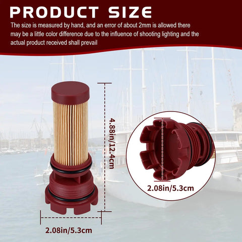 Go To Fuel Filter Replacement For Mercury MerCruiser Mariner Outboards And Sierra Engines 75 Hp To 300 Hp Fits 4 5L And 6 2L Marine Motors Replaces 8M0122423 8M0020349 8M0060041 884380T 18 7981 dimensions image showing product size and filter components.