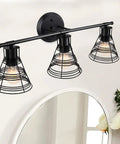 Vintage Industrial 3 Light Bathroom Vanity Fixture In Matte Black With Cage Design Over Mirror For A Retro Farmhouse Vibe Perfect Wall Light For Bedroom Living Room And Cabinet E26 Base