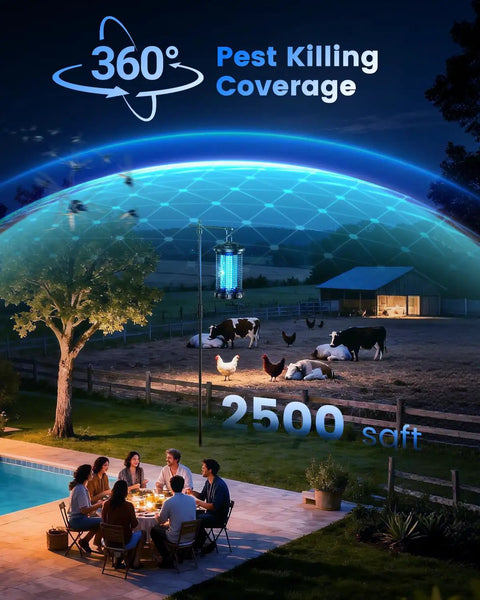 Outdoor Bug Zapper With 4200V High Voltage, Dual 365Nm UV Light And CO2 Body Heat Lure in backyard setting with pool.