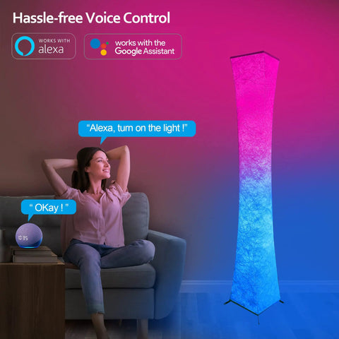 Woman using voice control with 61 Inch Smart Floor Lamp With RGB Color Changing Light Voice Control For Alexa And Google Home 2 4GHz WiFi Dimmable Mood Lighting To Set The Vibe In Living Room Bedroom Parties Music Sync Decor
