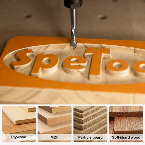 Carbide compression router bit engraving SpeTool lettering on plywood