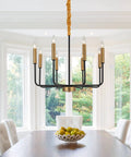 Industrial Eight Light Farmhouse Chandelier With Rustic Iron Candle Pendants, in bright dining room, height adjustable