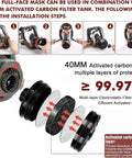 Image showing installation steps for full-face gas mask with 40mm activated carbon filter and multi-layer electrostatic filtration.