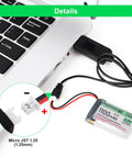 4 Pack 3.7V 1100mAh LiPo Battery with USB Charger Cable connected to laptop via Micro JST 1.25 Plug for Arduino projects