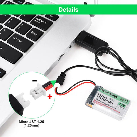 4 Pack 3.7V 1100mAh LiPo Battery with USB Charger Cable connected to laptop via Micro JST 1.25 Plug for Arduino projects