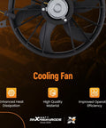 Top Shelf Slick Radiator Cooling Fan Assembly Direct Swap For 2004 Jeep Grand Cherokee 4 Liters And 2004 Through 2006 Jeep Liberty Engines Knockout Quality Replacement close-up view of cooling fan with features highlighted