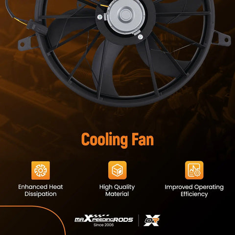 Top Shelf Slick Radiator Cooling Fan Assembly Direct Swap For 2004 Jeep Grand Cherokee 4 Liters And 2004 Through 2006 Jeep Liberty Engines Knockout Quality Replacement close-up view of cooling fan with features highlighted
