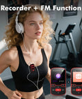Woman running with Clip-On Bluetooth 5.3 MP3 Player With 1.5 Inch Screen, HiFi Sound, FM Radio, 28g, TF Card support, Red