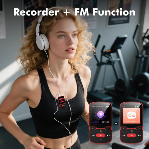 Woman running with Clip-On Bluetooth 5.3 MP3 Player With 1.5 Inch Screen, HiFi Sound, FM Radio, 28g, TF Card support, Red
