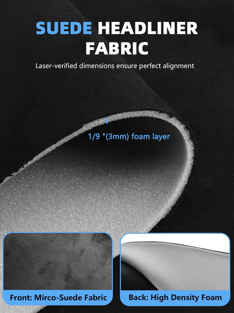 YOKKIP black suede headliner fabric, 96 in by 60 in; front micro-suede surface, back high-density foam.