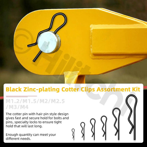 Comprehensive Hitch Pin Clip Kit With 145 Pieces In 6 Sizes R Clips Retaining Pins Hair Pins For Tractor Trailer Garden Equipment And More Comes In A Clear Storage Box Hilitchi shown with installed black zinc-plating cotter clip on yellow equipment