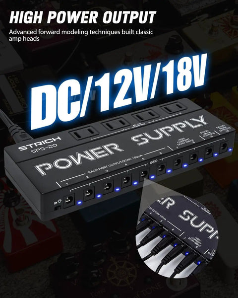 Ten Independent DC Outputs Guitar Pedal Power Supply For Effects: Black power unit with labeled voltages and blue LEDs