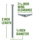 Round Head Machine Screw Toggle Bolts One Eighth By Two Inches Set Of Two For Drywall Plaster Tile And Hollow Block With Spring Action Wings Expanding Behind Wall For Firm Hold Large Bearing Area And Pre Drilling Required Ideal For Quick Installation And with 2 inch length and 1/8 inch diameter, wing clearance 1/16 inch.