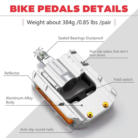 Grippy Aluminum Bike Pedals With Reflective Strips Universal 9 Sixteen Inch Pedals for mountain road BMX MTB silver detailed view