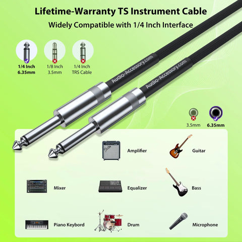 Heavy Duty Two Pack Guitar Cable Ten Foot Each With Kevlar Reinforced 20 AWG 99.99 Percent OFC Copper Ten Times Strong Nylon