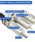 Heavy Duty One Half Inch NPT Three Stage Air Dryer With Auto Drain Water Separator, close-up of pressure gauge and valves