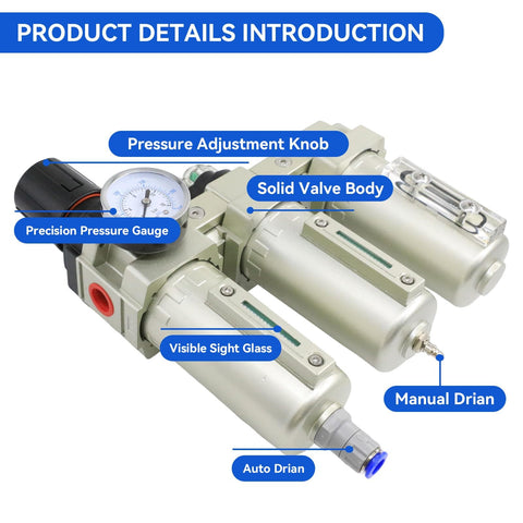 Heavy Duty One Half Inch NPT Three Stage Air Dryer With Auto Drain Water Separator, close-up of pressure gauge and valves