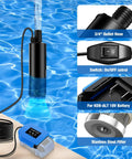 Real Deal 635 GPH Submersible Water Pump For Kobalt 24V Battery Cordless Drain Pump showing outlet hose and stainless steel filter