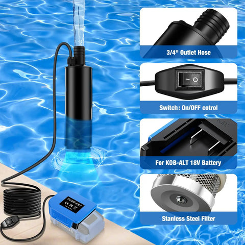 Real Deal 635 GPH Submersible Water Pump For Kobalt 24V Battery Cordless Drain Pump showing outlet hose and stainless steel filter