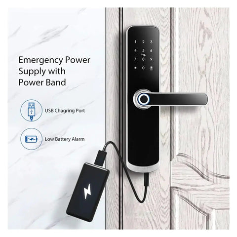Rock Solid Hella Weatherproof Tuya WiFi Smart Door Lock With Fast Fingerprint Scan And Top Shelf Knock Sensor Doorbell For Next Level Home Security Silver with emergency power supply attached.