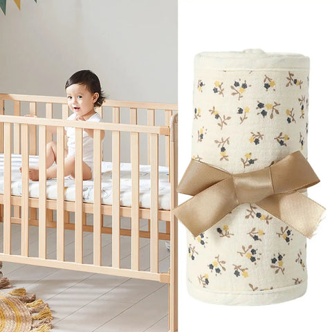 Breathable Cotton Teething Bed Rail Covers, 4 Piece Adjustable Chew Proof Rail Protector For Cribs next to crib with baby inside