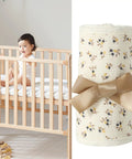Baby in crib with floral 4 Piece Bed Rail Covers For Teething With Breathable Cotton Gauze Teething Guard Set For Baby Safety