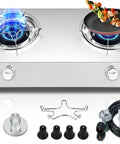 2 Burner Propane Stove With Auto Ignition 26000 BTU Stainless Steel Outdoor Cooker with accessories visible