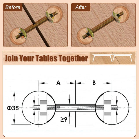 Real Deal M8 X 100Mm Countertop Connectors Kit side view, before and after joining tables with threaded connectors.