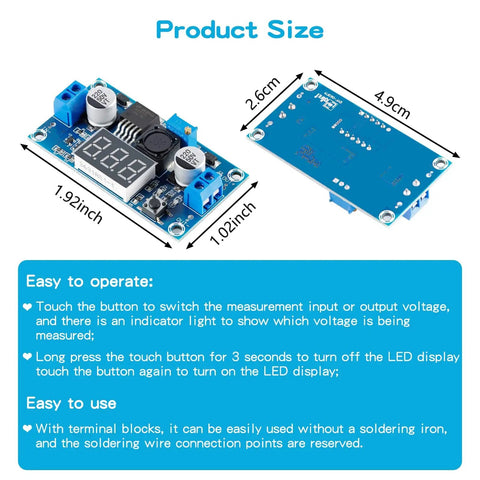 LM2577 DC-DC Boost Module With Digital Display Voltmeter, Adjustable Output 4-35V, showing product dimensions and features