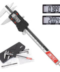 6 Inch Stainless Steel Digital Caliper With Large LCD Display showcasing inch and metric conversion, vernier micrometer in use.