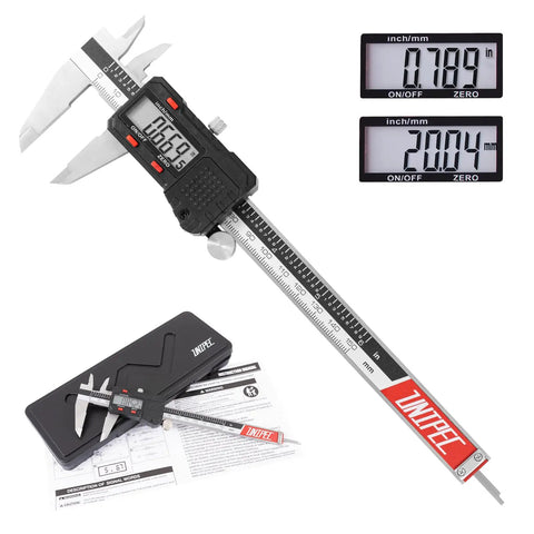 6 Inch Stainless Steel Digital Caliper With Large LCD Display showcasing inch and metric conversion, vernier micrometer in use.