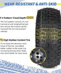 Close-up view of tire tread on Two Pack Tubeless Front Tires And Wheel Set For Lawn Mowers 15x6.00-6 showcasing wear-resistant features.