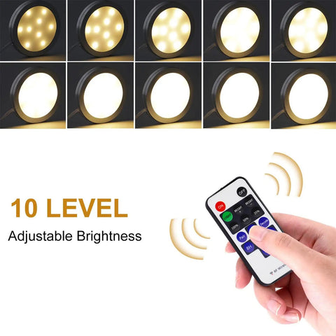 Dimmable Under Cabinet LED Puck Lights Kit With RF Remote showing 10 level adjustable brightness settings
