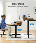 Huanuo Electric Standing Desk 55 Inch With 2 Drawers And Keyboard Tray Vintage Finish showing adjustable heights from 27.9 to 46.8 inches.