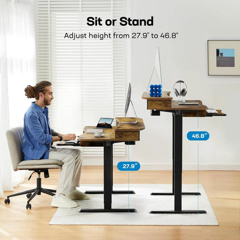 Huanuo Electric Standing Desk 55 Inch With 2 Drawers And Keyboard Tray Vintage Finish showing adjustable heights from 27.9 to 46.8 inches.