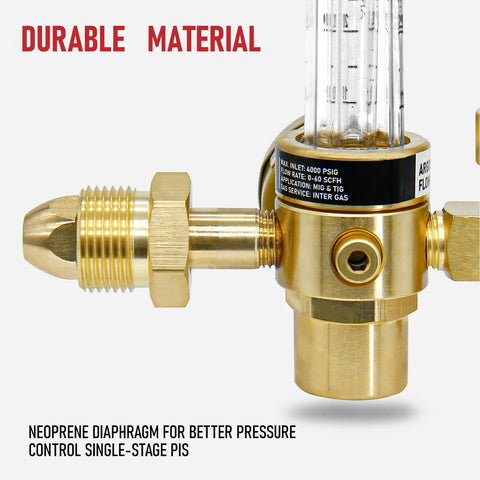 Brass argon regulator with vertical flowmeter gauge, side view for MIG/TIG welding