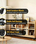 Dead Quiet 2 Inch Low Profile Caster Wheels For Furniture, Flat Out Smooth Rubber Glides Set Of 4 displayed under a wooden shelf.