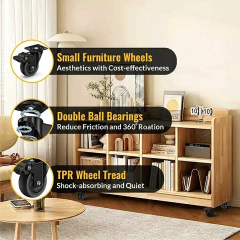 Dead Quiet 2 Inch Low Profile Caster Wheels For Furniture, Flat Out Smooth Rubber Glides Set Of 4 displayed under a wooden shelf.