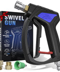 Compact Pressure Washer Gun With 3 Eighths Inch Smooth Swivel And 1 Quarter Inch Quick Connect, displayed with packaging and connectors.
