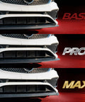 Front Splitter Pro Universal 2 Inch Lip Spoiler for Cars, black, shown in base, pro, and max versions on a white car front view.