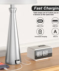 Set Of 2 Modern Table Lamps For Living Room And Bedroom With USB C And USB A Charging Ports Dimmable Touch Bedside Lamps With White Fabric Shade Nickel Finish Ideal For Master Or Guest Rooms End Table Lighting featuring a nickel finish lamp with charging ports and devices connected.