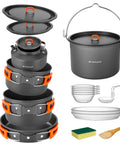 18Pcs Camping Cookware Set With Large Hanging Pots Pan And Kettle Plus Plastic Plates Bowls Spoon Spatula And Sponge