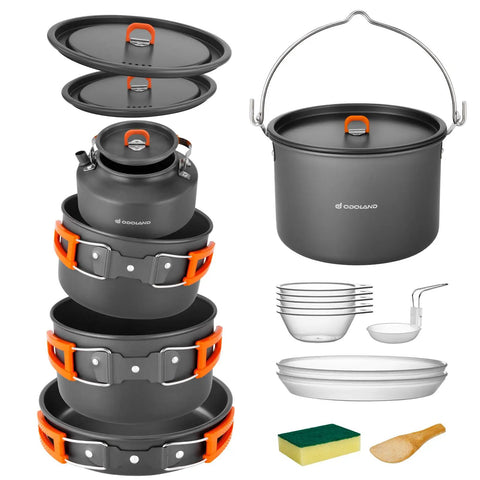 18Pcs Camping Cookware Set With Large Hanging Pots Pan And Kettle Plus Plastic Plates Bowls Spoon Spatula And Sponge