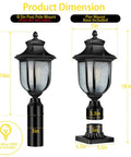 Dusk To Dawn Outdoor Post Light Hardwired 120V with Pier Mount Base shown with dimensions, anti rust aluminum design.