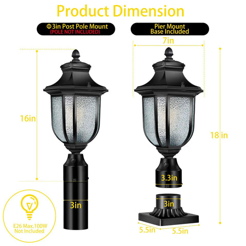 Dusk To Dawn Outdoor Post Light Hardwired 120V with Pier Mount Base shown with dimensions, anti rust aluminum design.