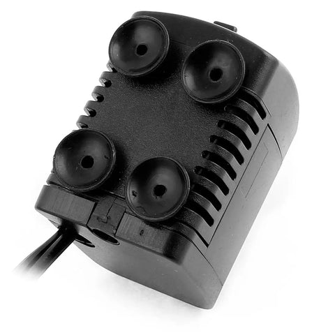 Top Tier Compact Mini Submersible Water Pump With AC 110V To 120V US Plug and Slick 7 Watt Motor showing black housing and suction cups.
