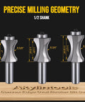 Premium Three Piece Convex Edge Oval Router Bit Set With One Half Inch Shank And Shallow Bullnose Profile, highlighting sizes and shank details.