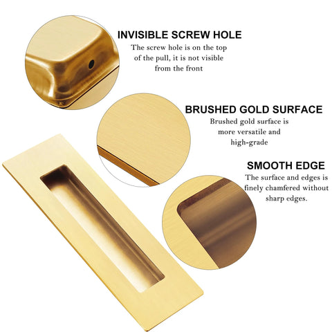 6 Inch Recessed Finger Pulls For Pocket Doors And Sliding Doors, Brushed Gold Stainless Steel Hardware, close-up details view