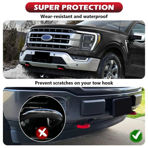 Red silicone tow hook covers on Ford F-150, featuring durable protection. Tow Hook Covers For Ford F150 2004 Through 2026 Bronco Base Big Bend Outer Banks 2021 Through 2026 And Toyota Tundra 2017 Through 2021 Compatible Accessories Red.